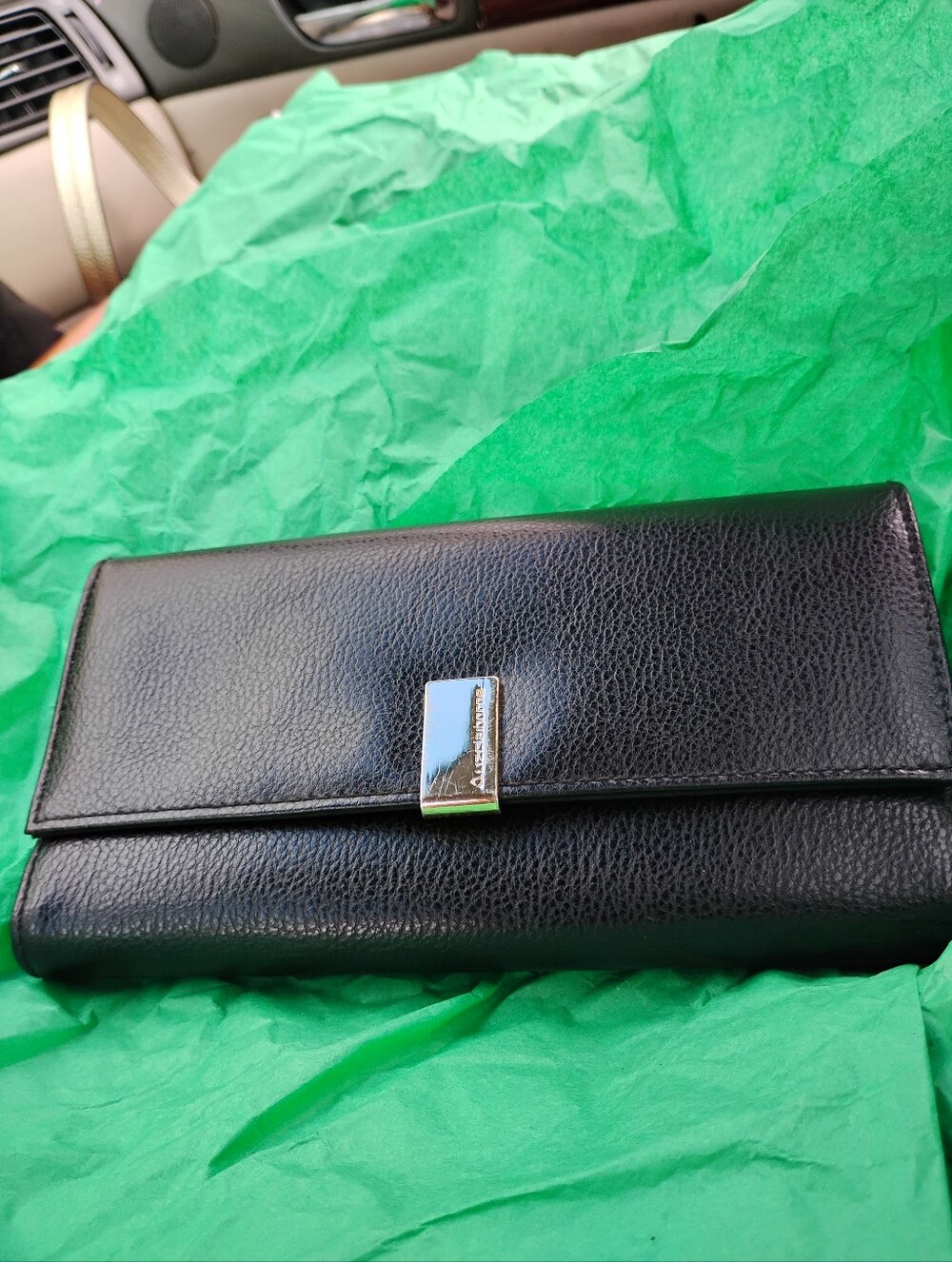 Liz Claiborne Black Leather Wallet Clutch with Silver-Tone Accent